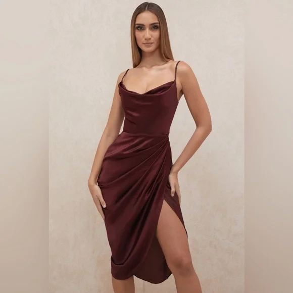 HOUSE OF CB 'Reva' Raisin Satin Balcony Corset Dress - Picture 5 of 16